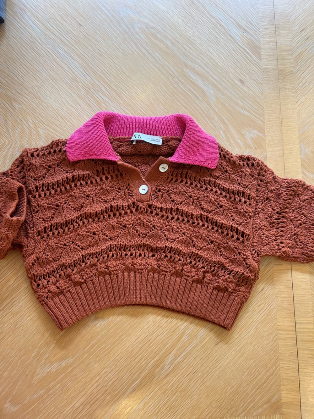 Zara Cropped Rust Knit Polo Sweater with Pink Collar